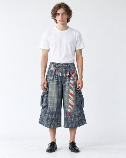 Washed Plaid Cargo Shorts with Tie Detail