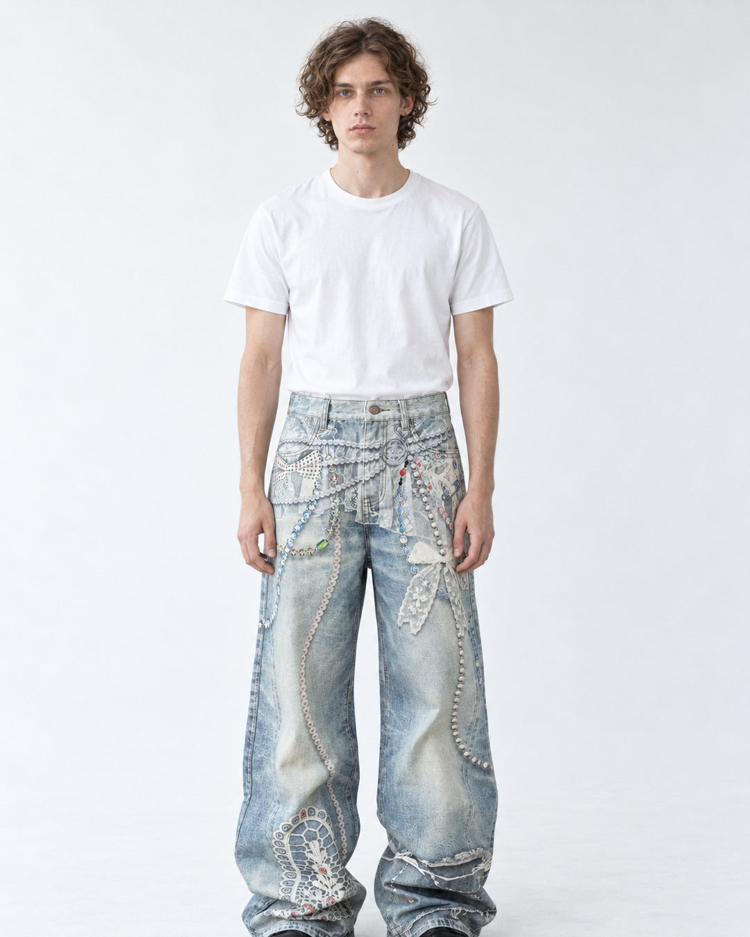 Pearl Chain Lace Print Baggy Jeans