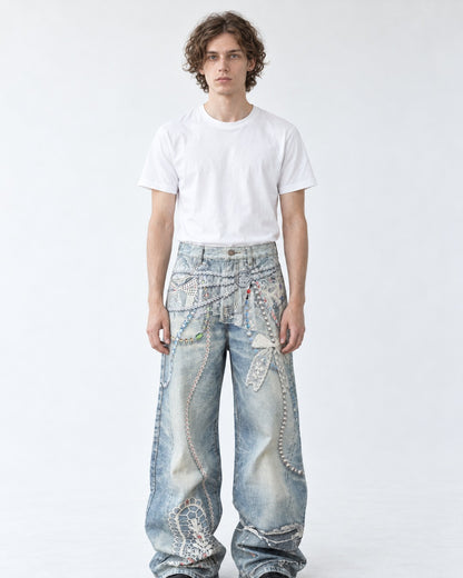 Pearl Chain Lace Print Baggy Jeans