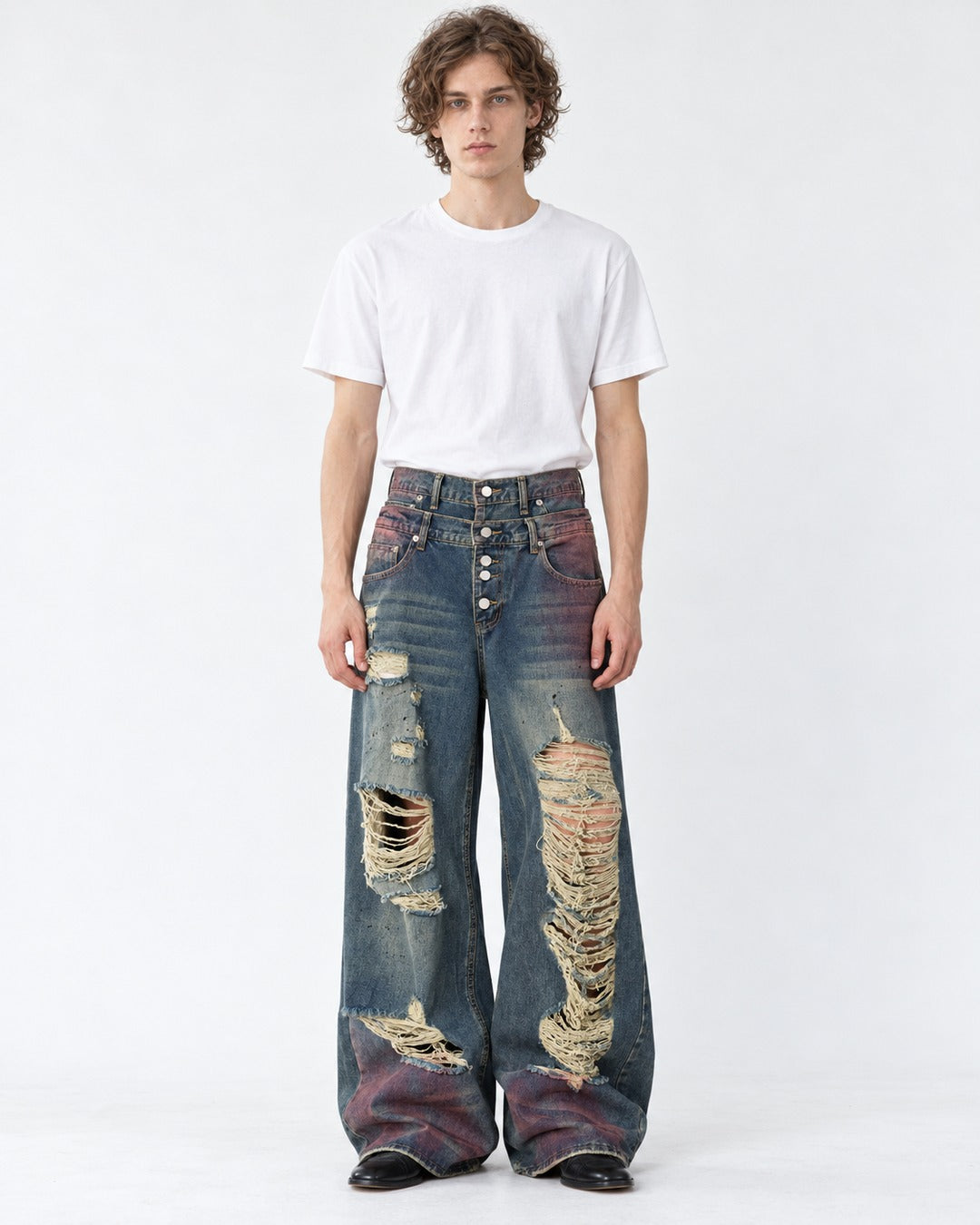 Distressed Double-Waistband Jeans