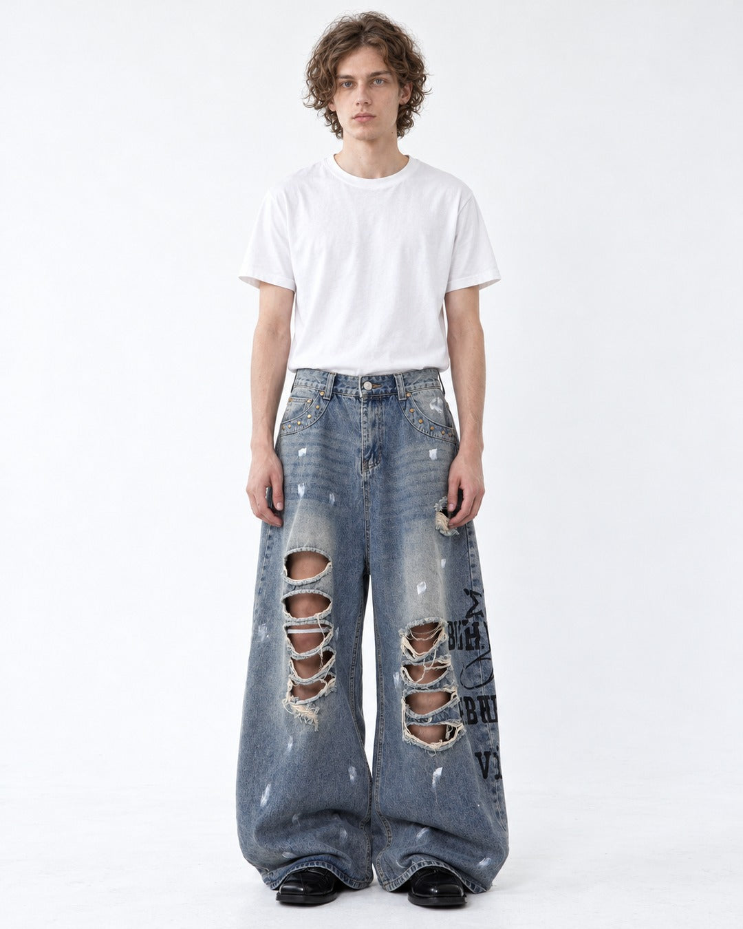 Letter Print Distressed Wide Leg Jeans