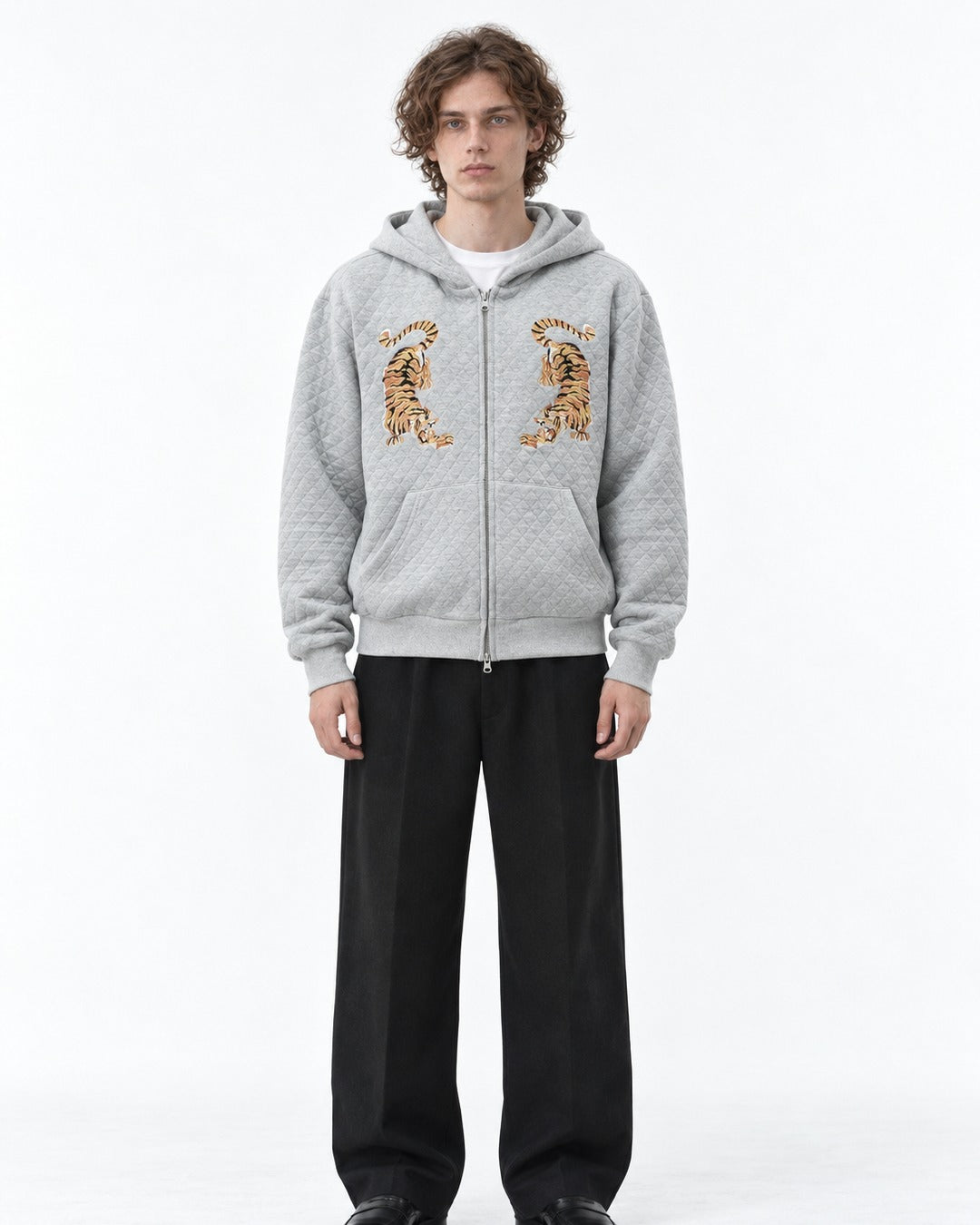 Tiger Embroidered Quilted Zip Hoodie