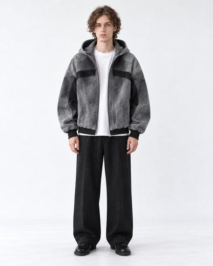 Washed Paneled Hooded Zip Jacket
