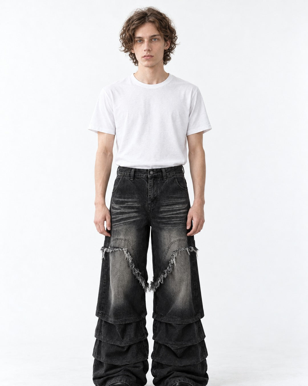Fringed V-Seam Tiered Hem Jeans