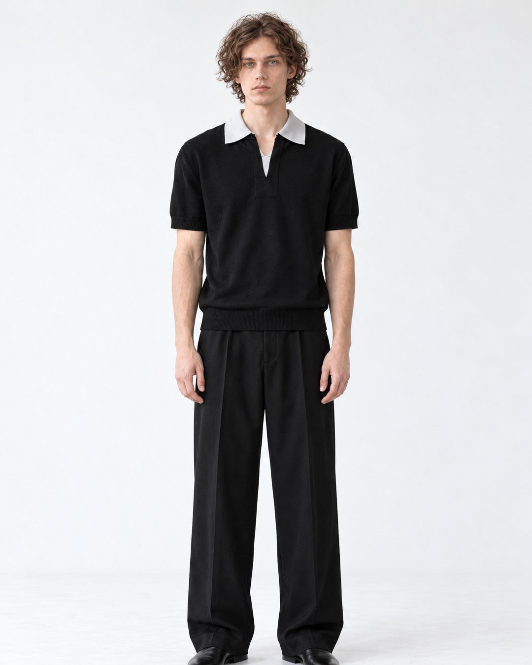 Gray Collar Black Knit Polo Shirt