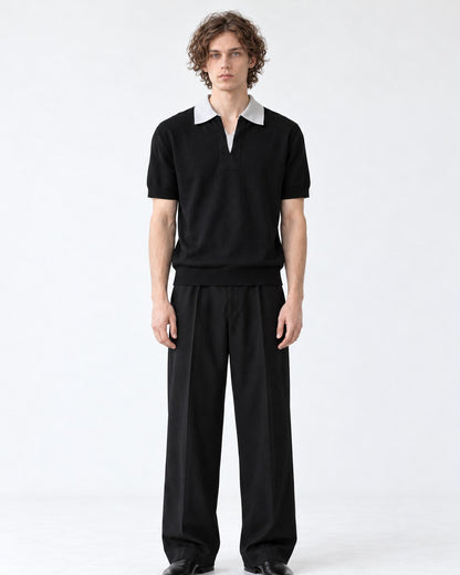 Gray Collar Black Knit Polo Shirt