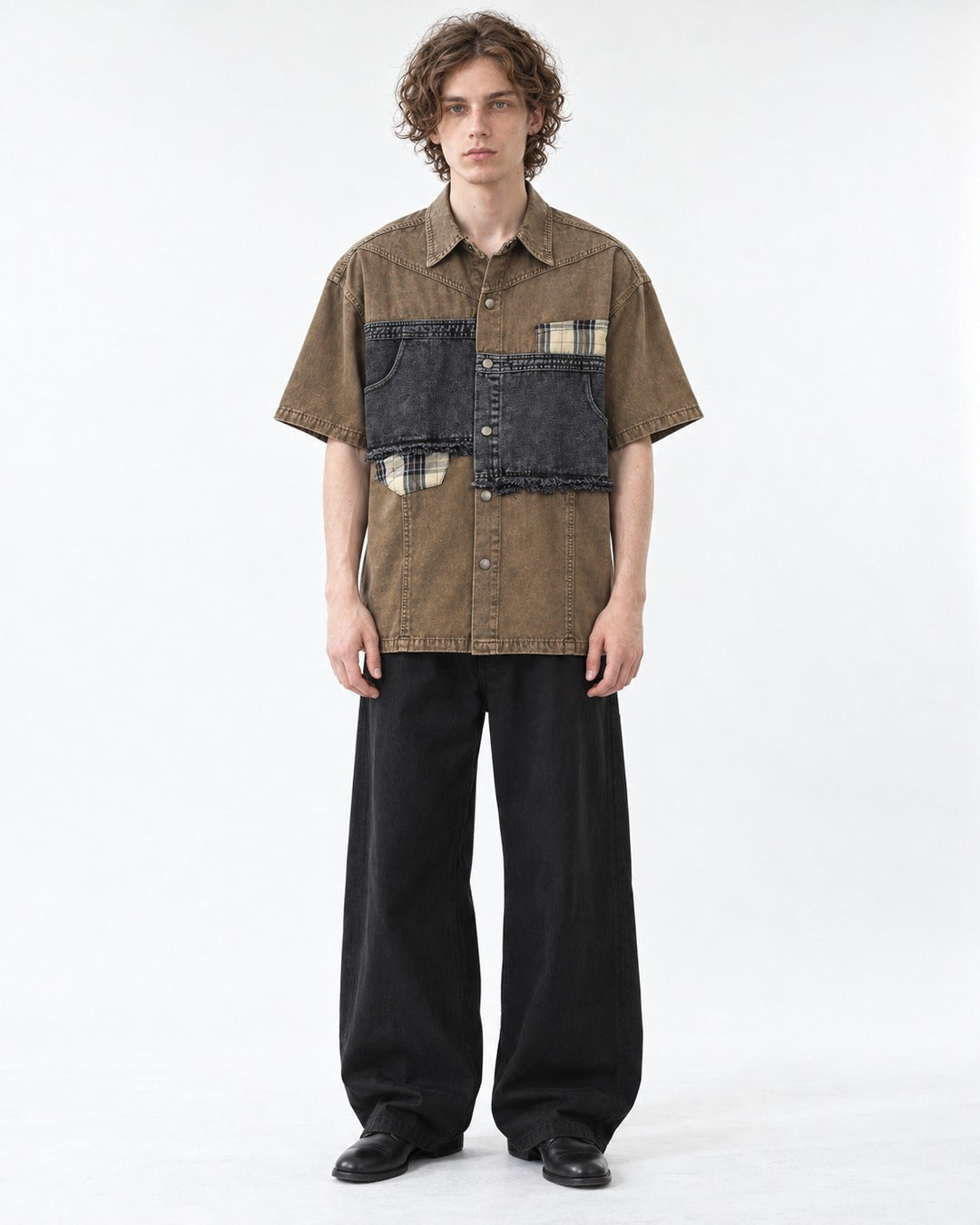Distressed Denim Patchwork Short-Sleeve Shirt