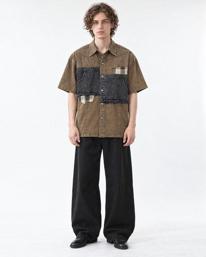Distressed Denim Patchwork Short-Sleeve Shirt