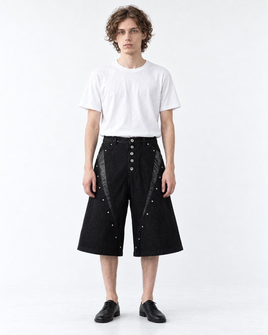 Studded Snap-Front Panel Denim Shorts