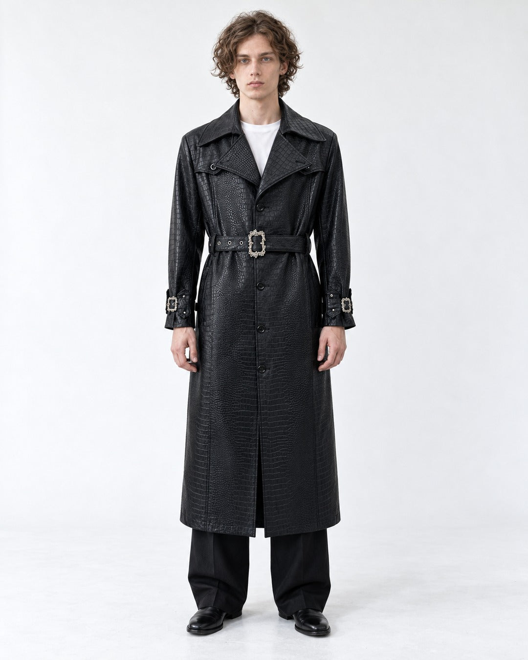 Croc-Embossed Belted Trench Coat