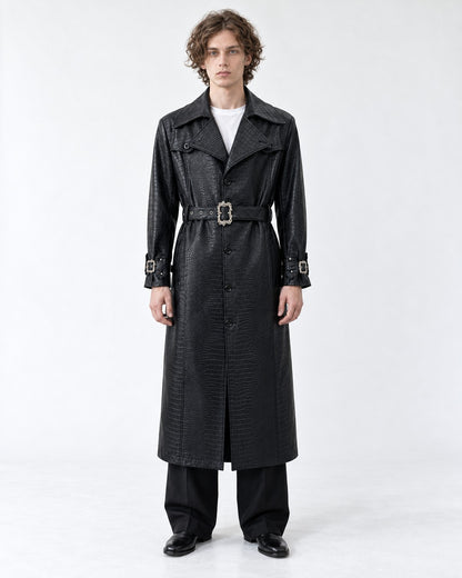 Croc-Embossed Belted Trench Coat