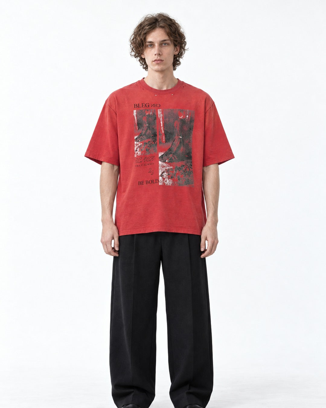 Collage Print Faded Red T-Shirt
