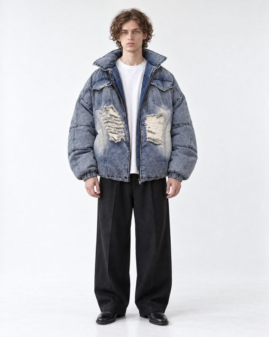 Ripped Patch Denim Puffer Jacket