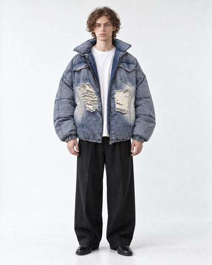 Ripped Patch Denim Puffer Jacket