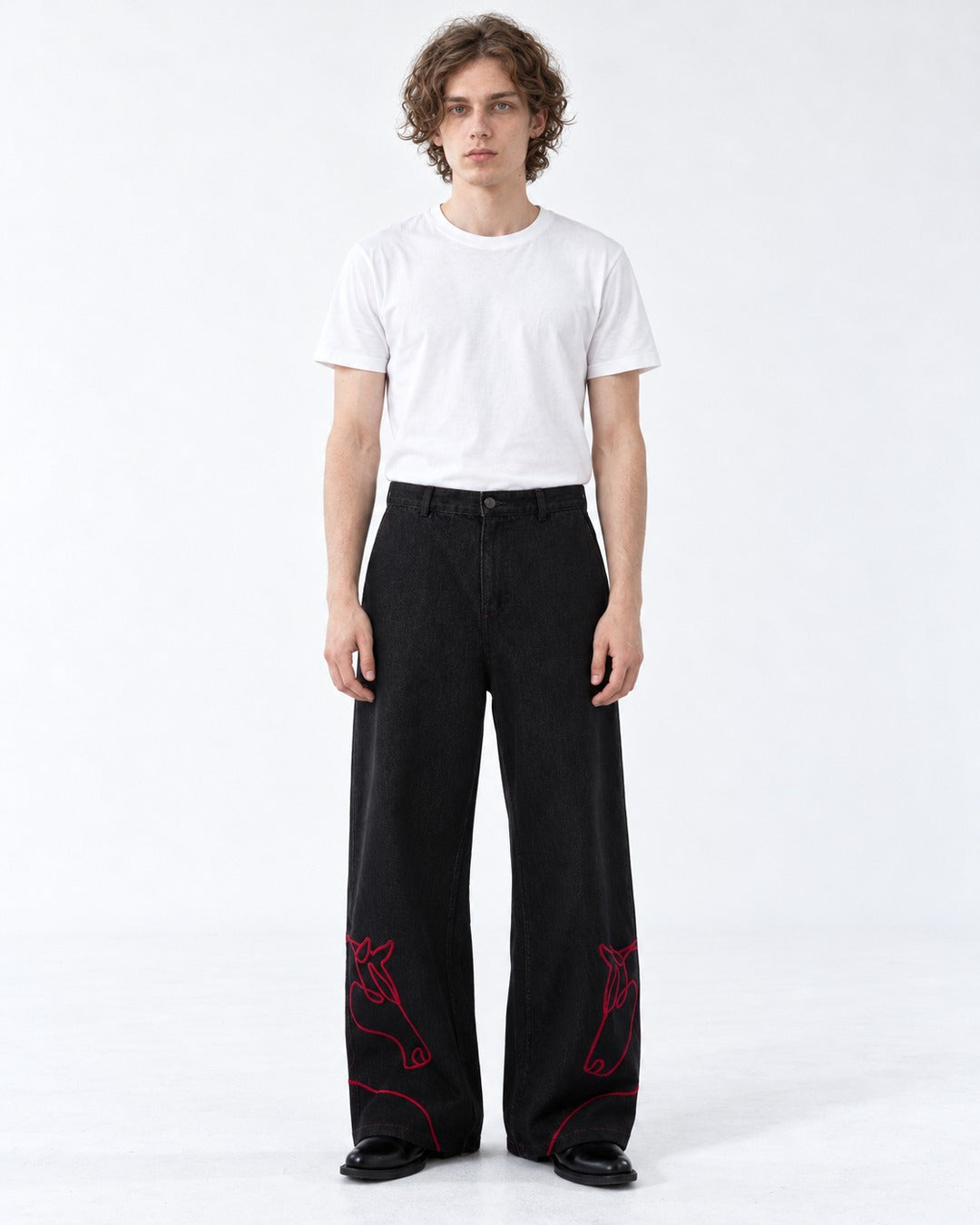 Red Horse Embroidered Wide-Leg Jeans