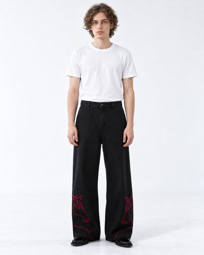 Red Horse Embroidered Wide-Leg Jeans