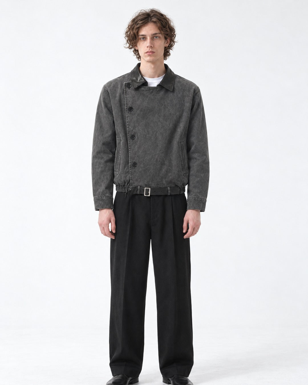 Diagonal Button Jacket with Contrast Collar