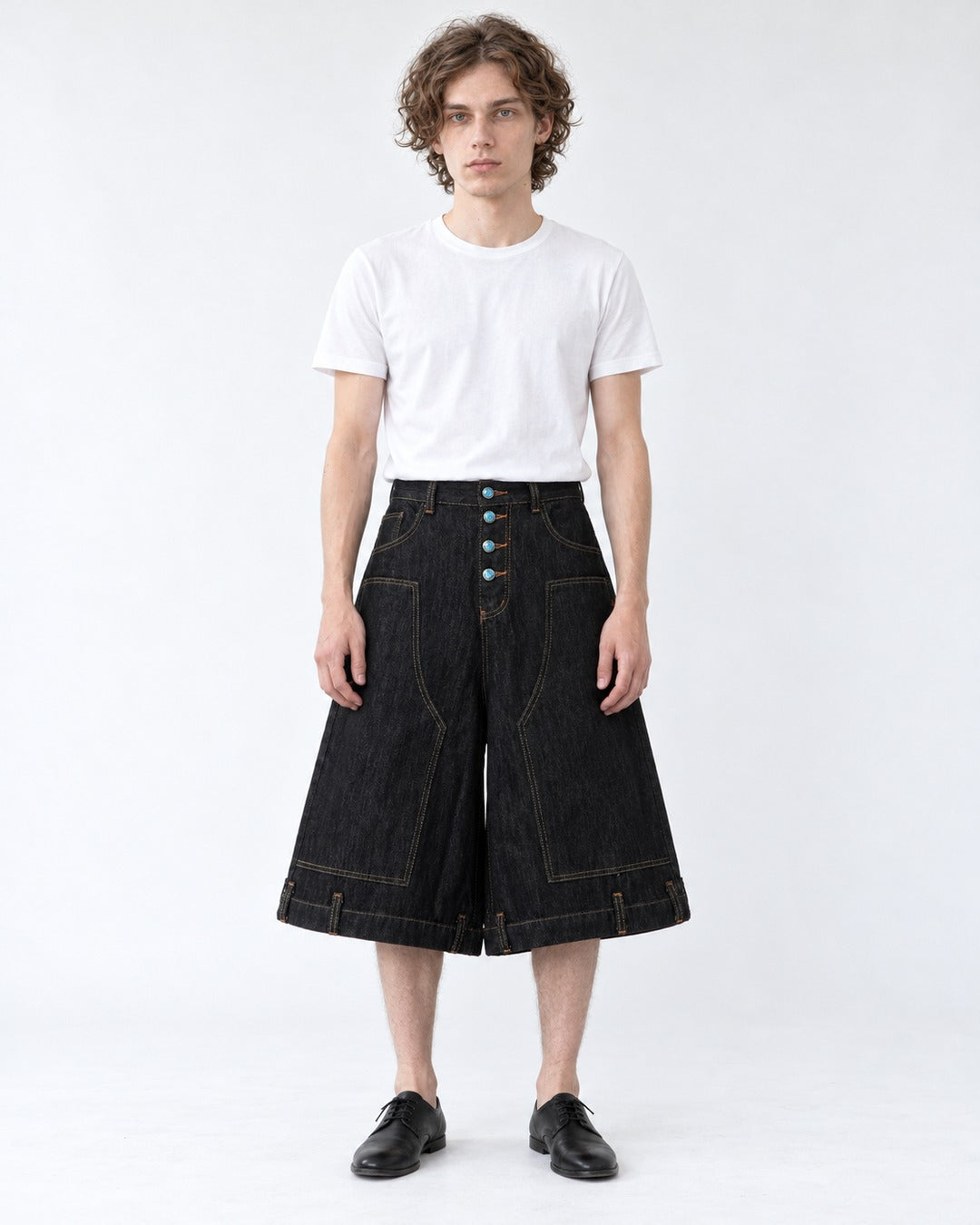 Contrast Stitch Button Fly Denim Shorts