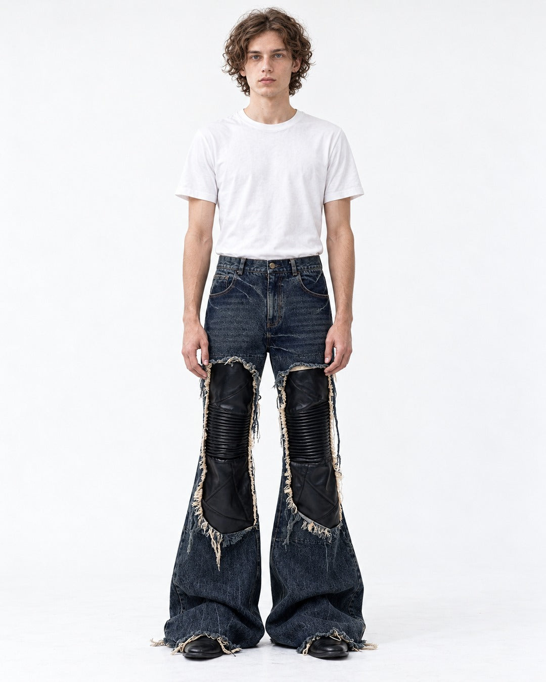 Leather Knee Patch Flared Jeans