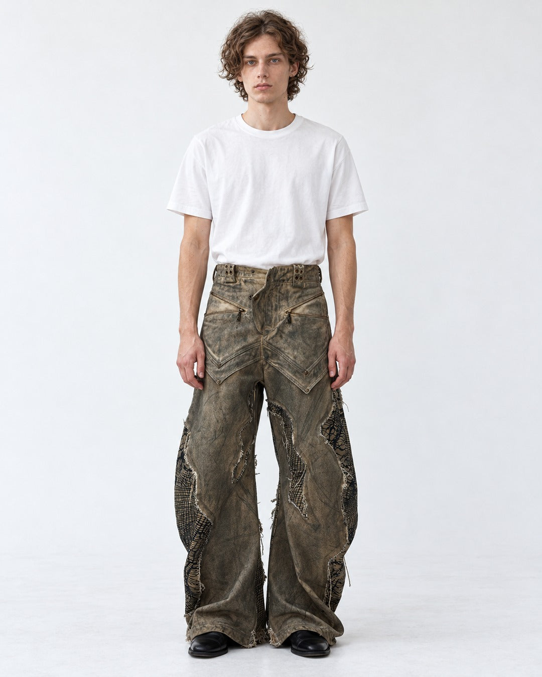 Mud-Dyed Mesh Patch Wide Pants