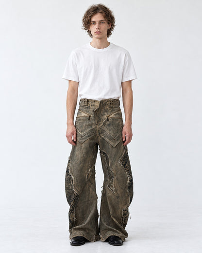 Mud-Dyed Mesh Patch Wide Pants