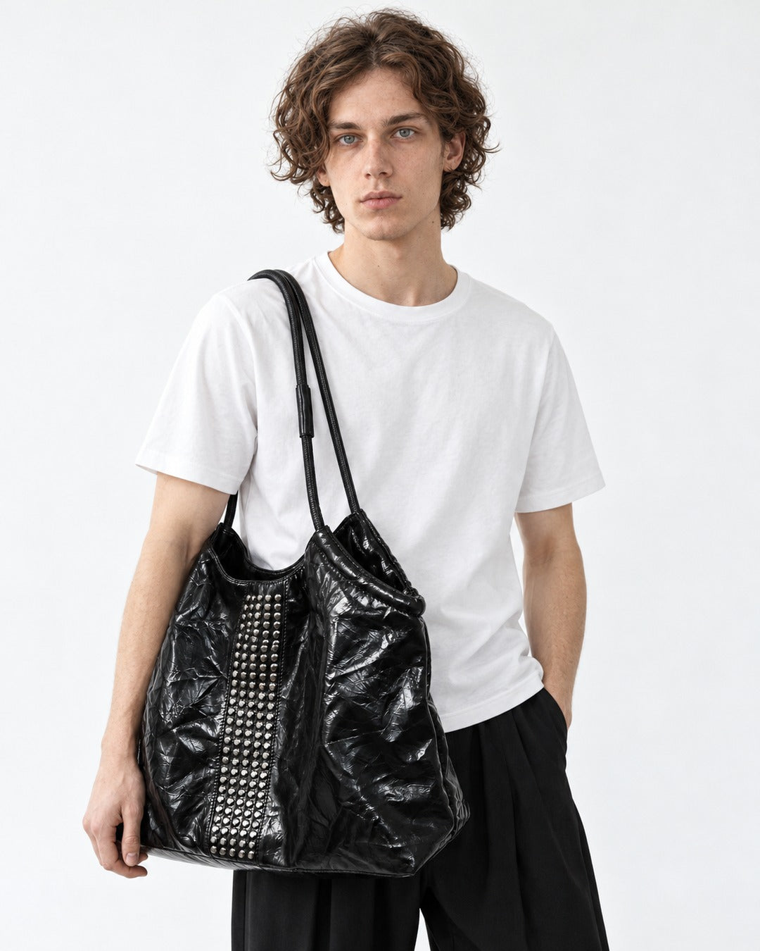 Studded Crinkle Leather Tote Bag