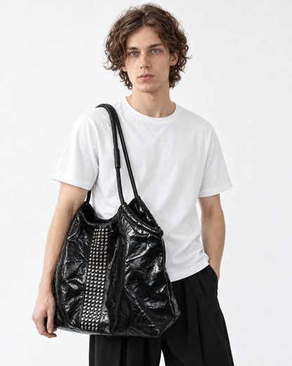 Studded Crinkle Leather Tote Bag