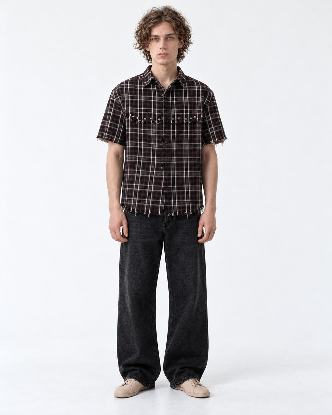 Studded Raw-Hem Plaid Shirt