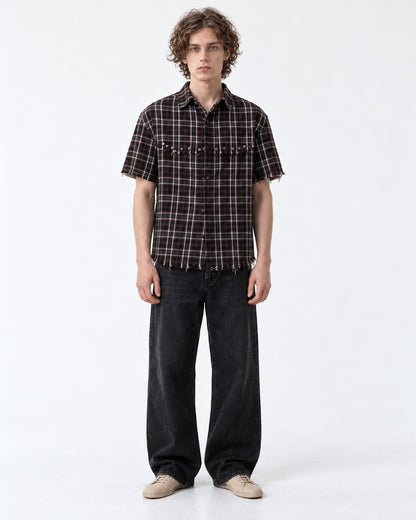 Studded Raw-Hem Plaid Shirt