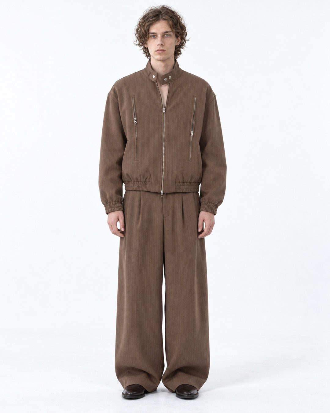 Pinstripe Stand Collar Zip Jacket and Wide Pants Set
