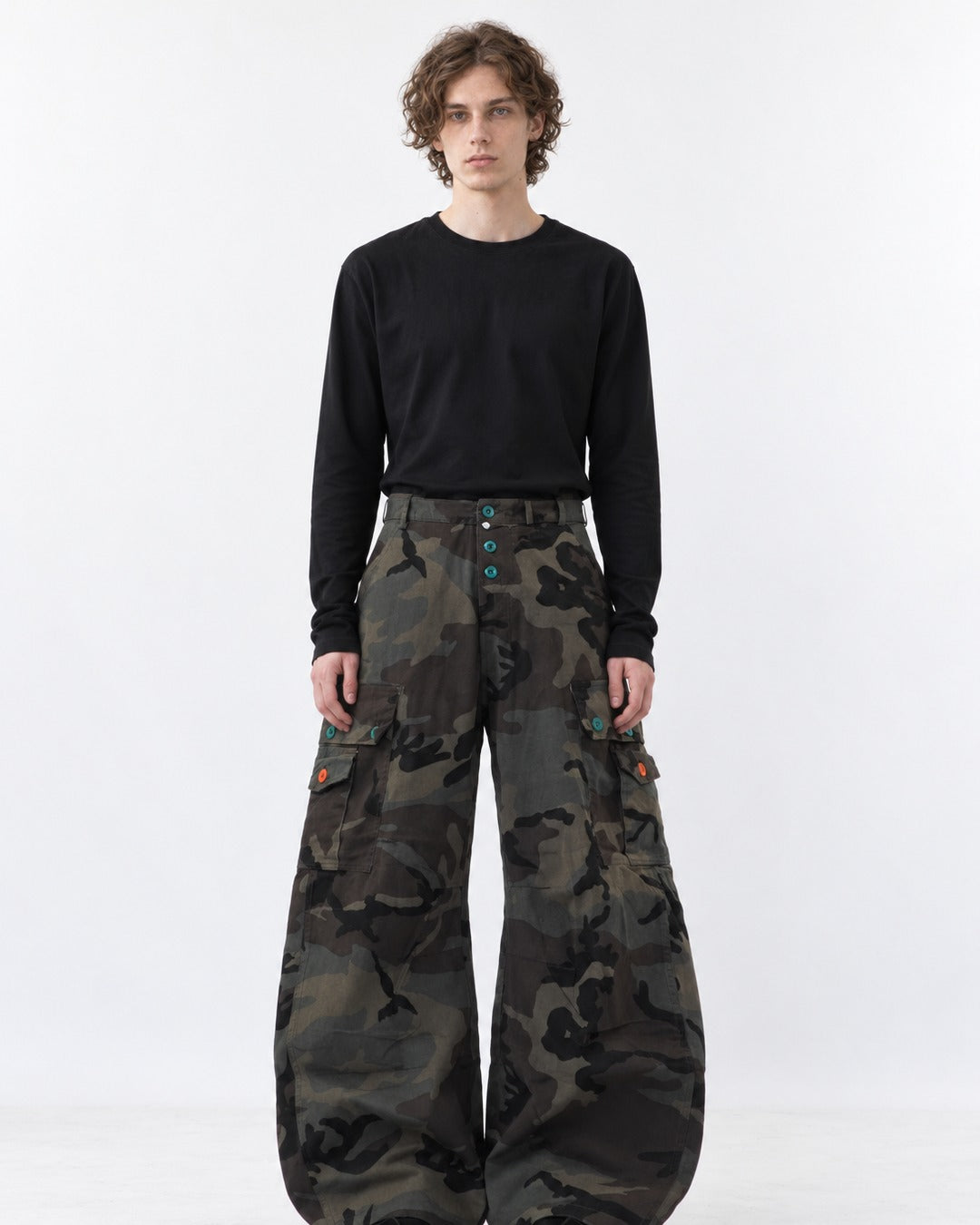 Camouflage Button Balloon-Leg Cargo Pants