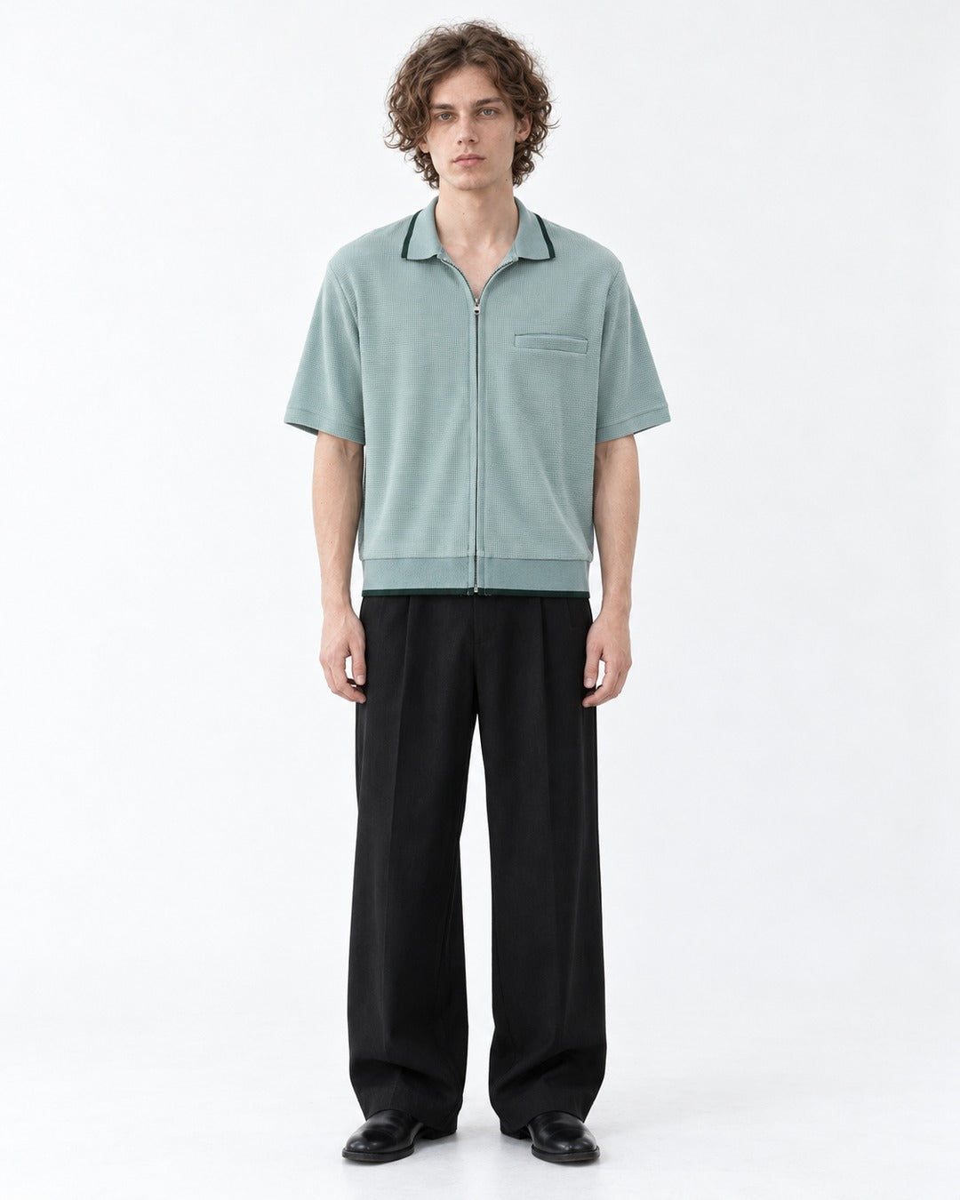 Waffle Knit Zip-Up Short Sleeve Shirt with Contrast Trim