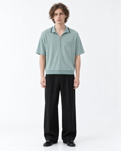 Waffle Knit Zip-Up Short Sleeve Shirt with Contrast Trim