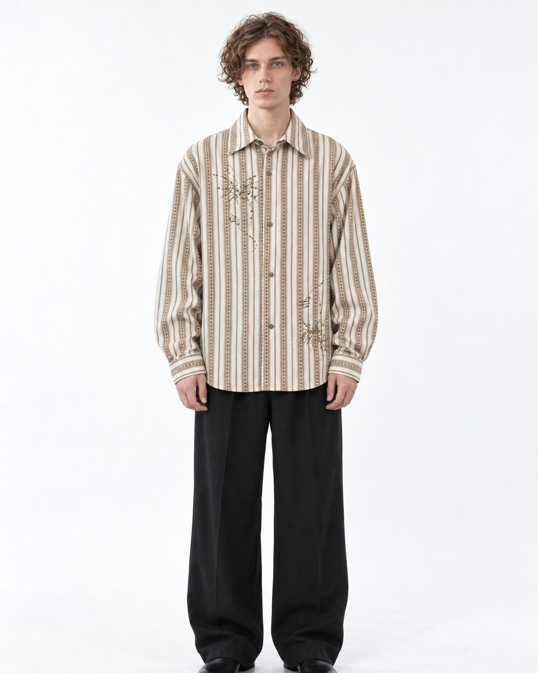 Embroidered Striped Button-Up Shirt