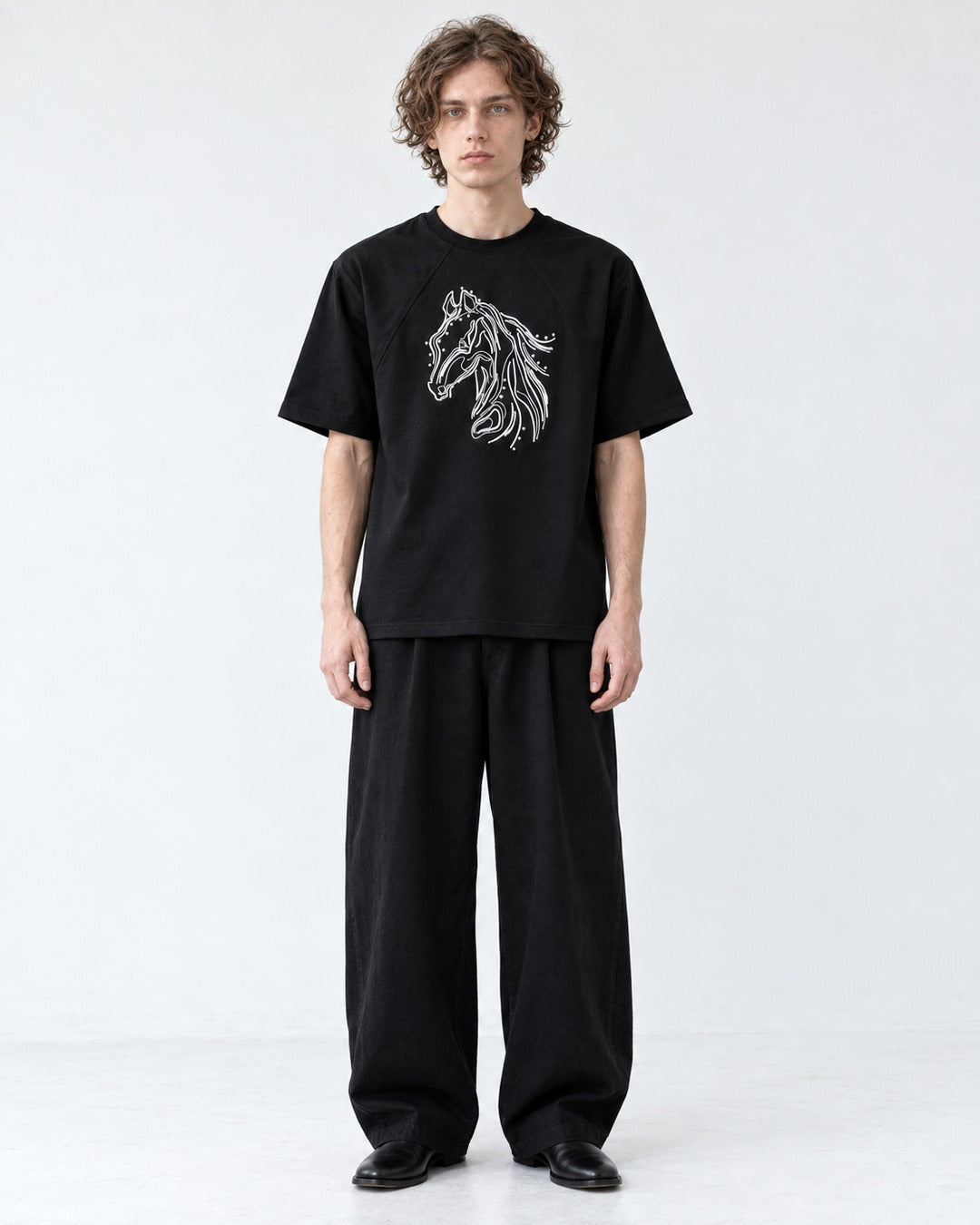 Horse Head Embroidered Mock-Neck T-Shirt