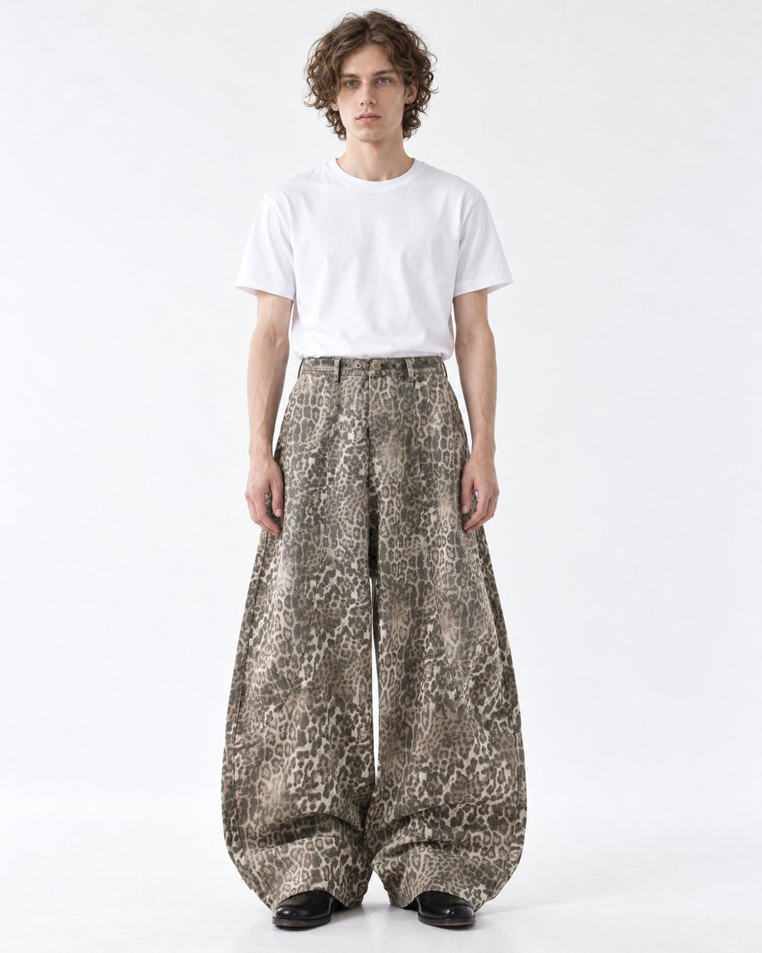 Washed Leopard Barrel Wide-Leg Pants