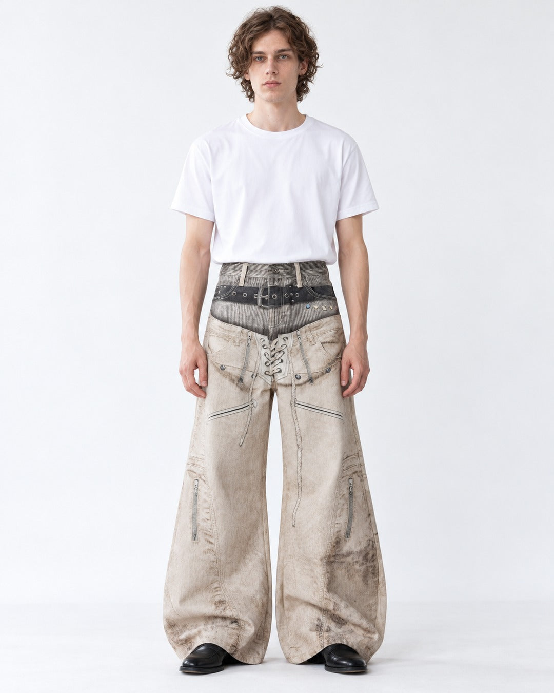 3D Double-Waistband Wide Pants