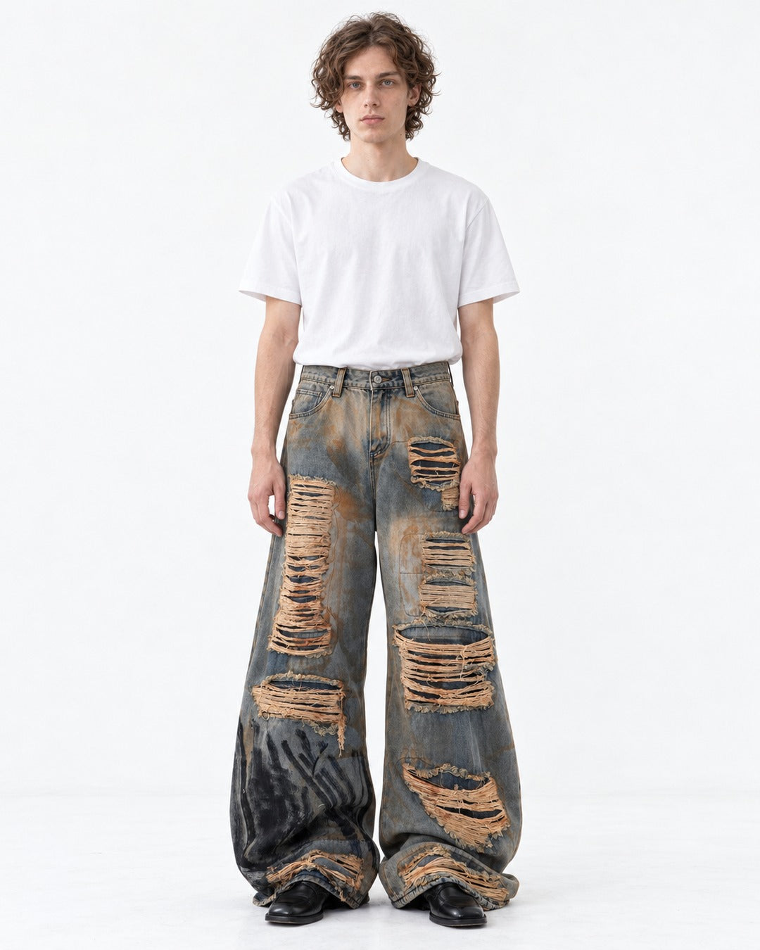 Heavily Distressed Wide-Leg Denim Pants