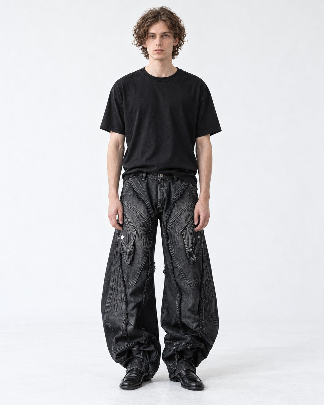 Raw-Edge Curved-Pocket Wide Denim