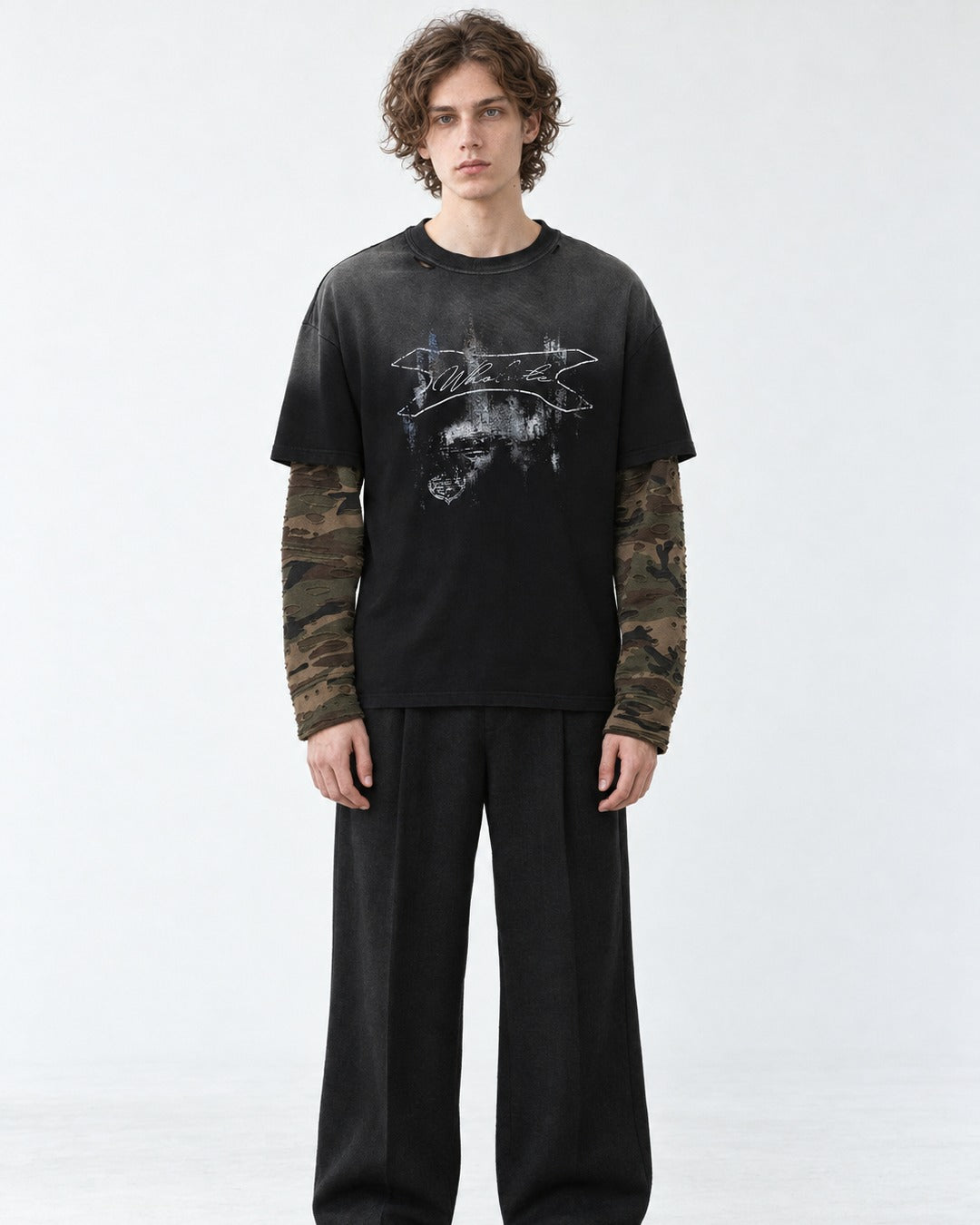 Camouflage Patchwork Gradient Wash Layered-Look T-Shirt