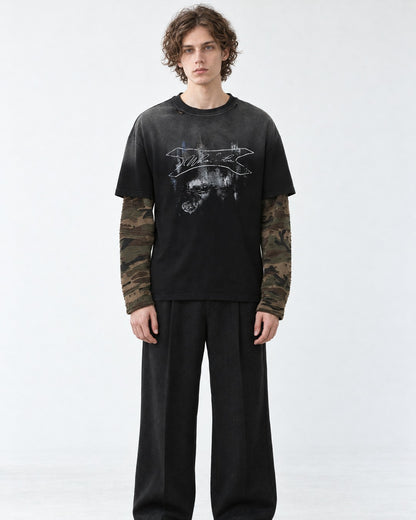 Camouflage Patchwork Gradient Wash Layered-Look T-Shirt