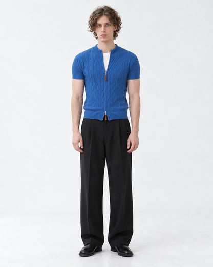 Cable-Knit Short-Sleeve Zip Cardigan