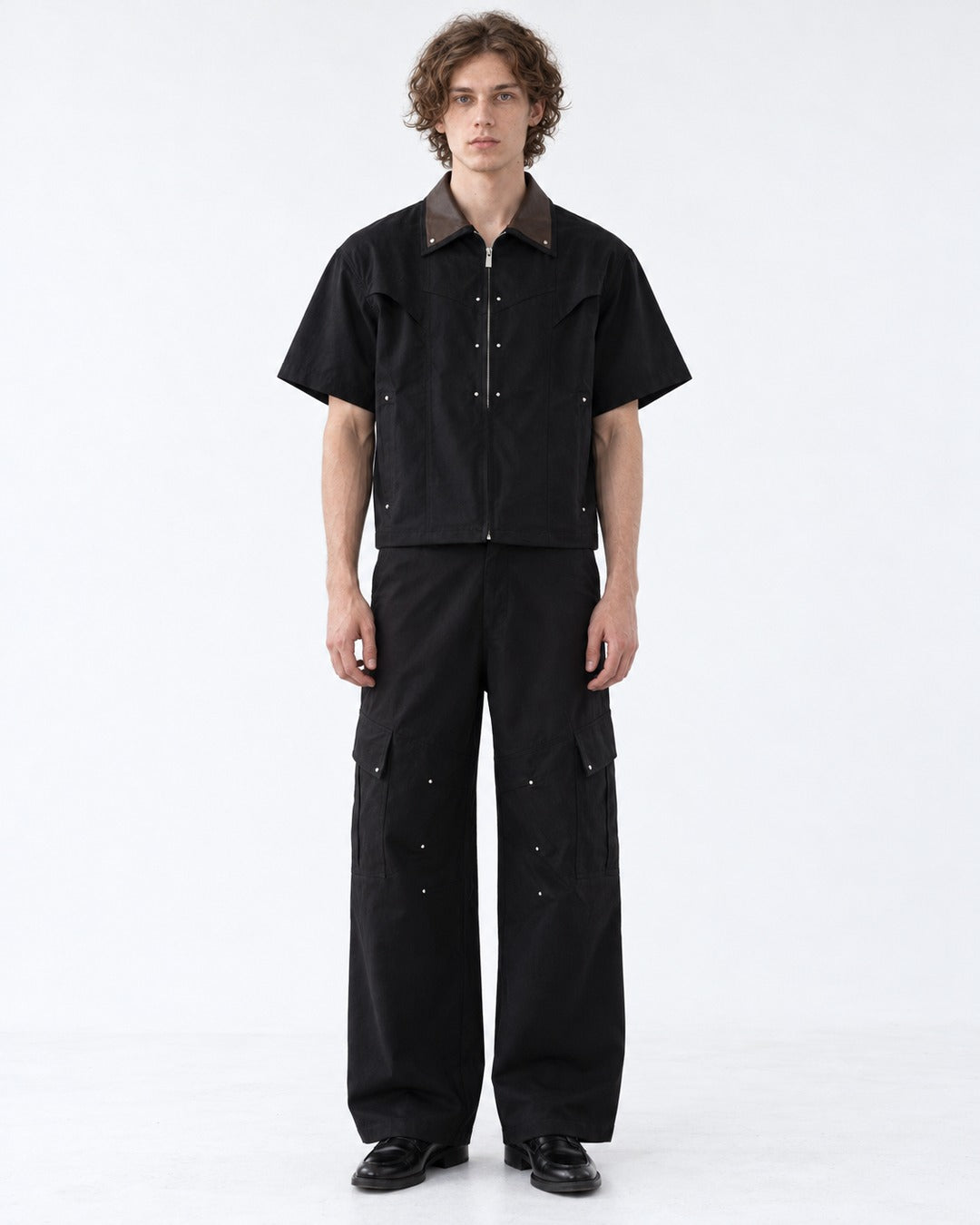Brown Collar Studded Zip Shirt and Cargo Pants Set