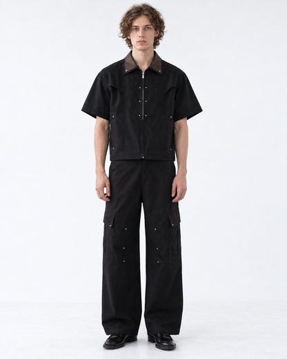 Brown Collar Studded Zip Shirt and Cargo Pants Set