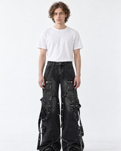 Strap Detail Frayed Hem Jeans