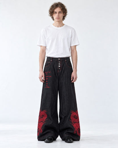 Red Dragon Embroidered Denim Pants