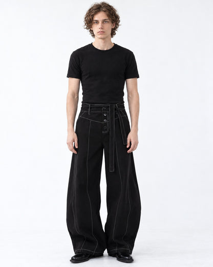 Contrast Stitch Wide-Leg Pants with Tie Belt