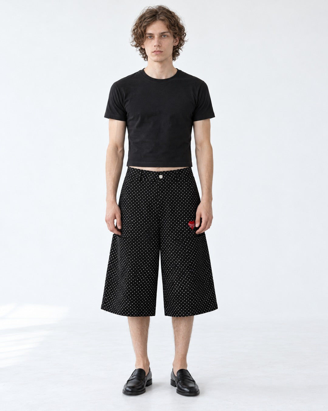 Polka Dot Wide Knee-Length Pants with Heart Embroidery