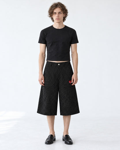 Polka Dot Wide Knee-Length Pants with Heart Embroidery