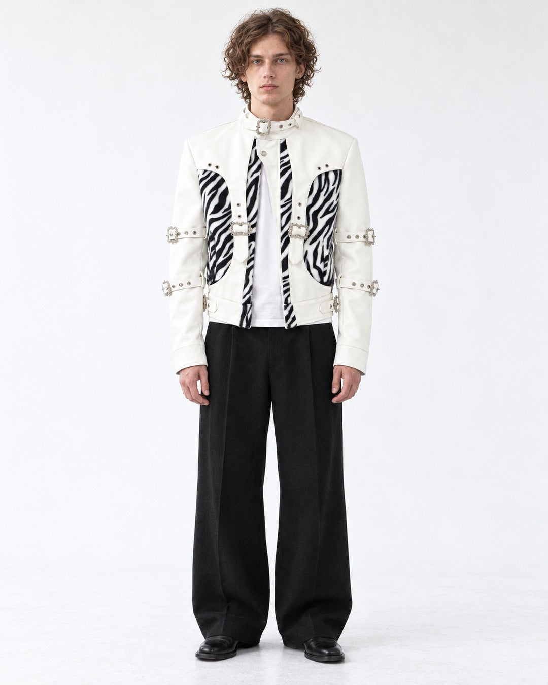 Faux Zebra Print Fur Patchwork Leather Jacket